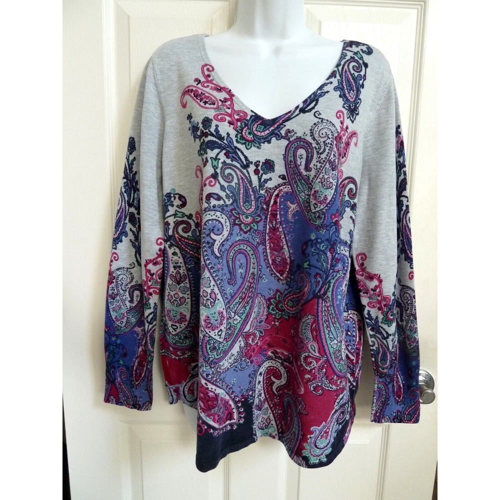 **CHICO'S Sz 2=12/14 Large Long Sleeve Sweater Paisley V-Neck Colorful**